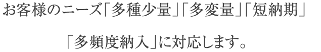 お客様のニーズ「多種少量」「多変量」「短納期」 「多頻度納入」に対応します。